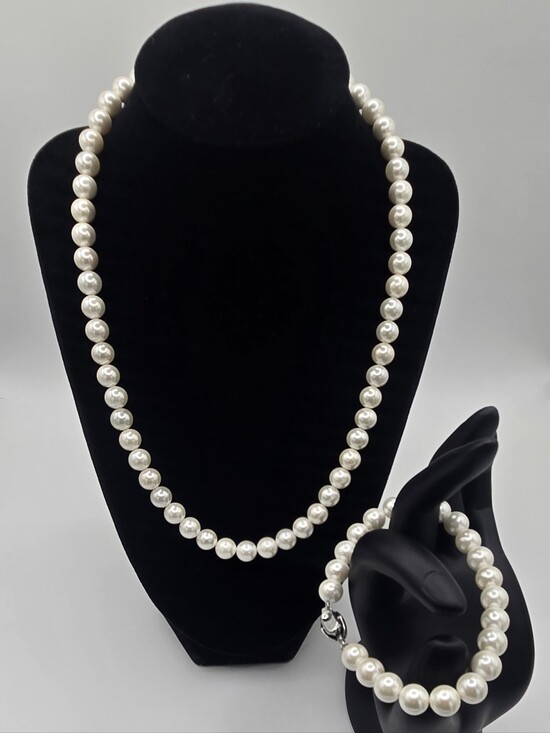 Jewelry - Sterling Sliver Faux Glass White Pearl Necklace and Bracelet Set